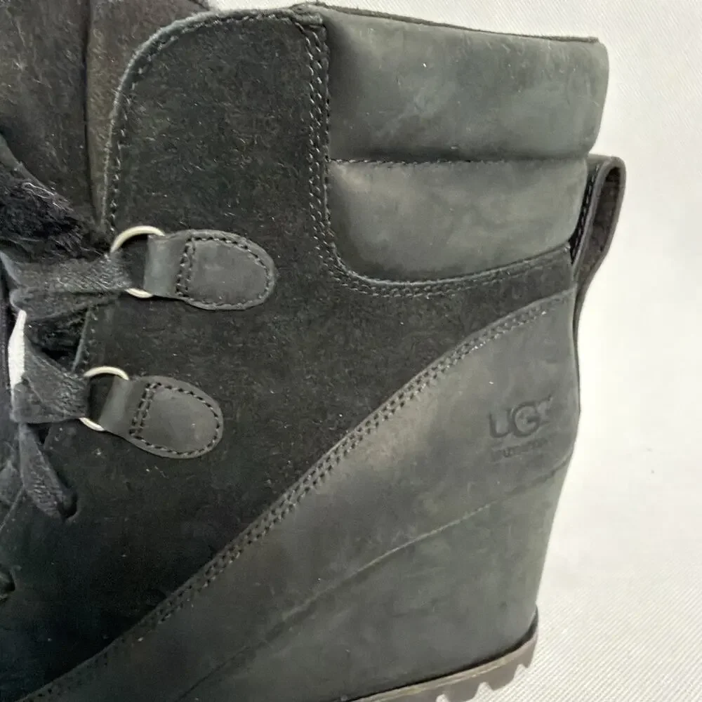 UGG Valory Black Suede & Leather Waterproof Wedge Lace up Ankle Booties Size 10